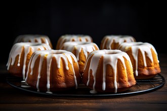 Small bundt cales with white icing on dark background. KI generiert, generiert AI generated
