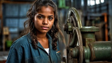 Young industrial black worker in a serious pose next to heavy machinery, demonstrating focus, women