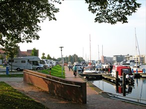 Motorhomes, boats, ships, Emden harbour, East Frisia, Germany, Europe