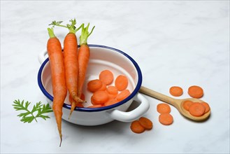 Carrots and carrot slices in pot, Daucus carota