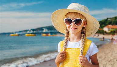 KI generated, An 8 year old blonde girl with sunglasses and a straw hat is on holiday on the beach
