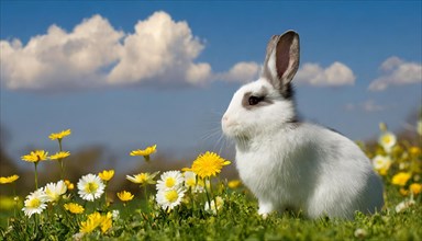 KI generated, A grey and white dwarf rabbit in a meadow with white and yellow flowers, spring, side