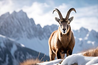 Alpine ibex standing on mountain ledge, AI generated