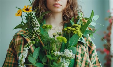 A woman partially obscured by an assortment of wildflowers, wearing a checkered jacket AI generated