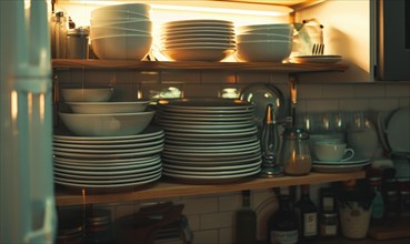 Cozy kitchen scene with stacked dishes on wooden shelves under warm lighting AI generated