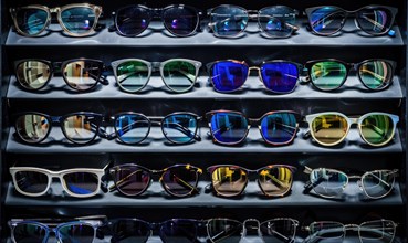 Assorted sunglasses with multicolored lenses displayed on a shelf AI generated