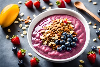 Acai bowl smoothie brimming with energy for a healthy breakfast garnished with crunchy granola, AI