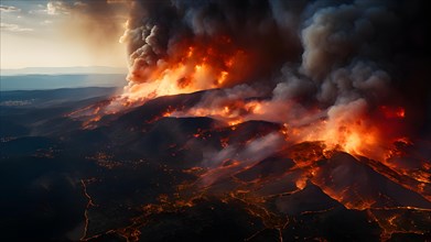 Satellite image wildfires ablaze varying intensities smoke plumes billowing, AI generated