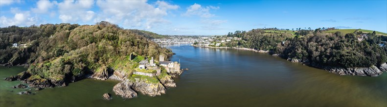 Panorama of Dartmouth Castle over River Dart from a drone, Dartmouth, Kingswear, Devon, England,