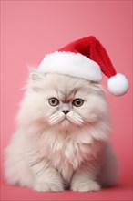 White Persian cat with red Christmas Santa hat in front of pink studio background. rae dunn rice,