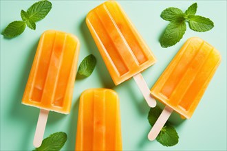 Top view of orange popsicles with mint leaves. KI generiert, generiert AI generated