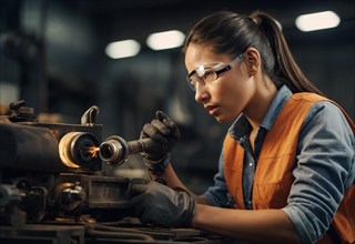 Focused woman protecting her eyes with safety glasses working on engineering machinery, AI