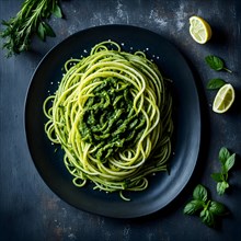 Spiralized zucchini noodles garnished with homemade pesto, AI generated