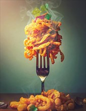 Fast food nocive nutrition concept with a fork holding a pile of oilish foodstuffs on top.