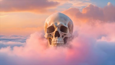 Big human skull surrounded by pink clouds. AI generated art