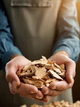 Holding woodchips in your hands, woodchips, renewable fuel, climate change, AI generated, AI