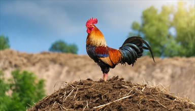 KI generated, A beautiful rooster stands on a dung heap, farmyard, (Gallus gallus domesticus)