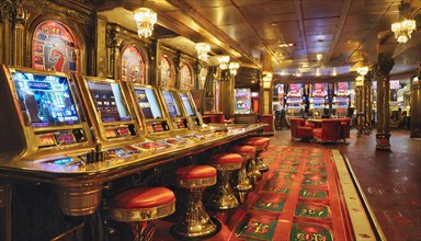 AI generated, Las Vegas, casino, slot machines, interior view, deserted, nobody, gambling, gambling