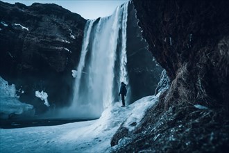 Silhouette of woman in winter in Iceland under Skogafoss waterfall