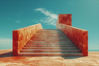 Bold red staircase with geometric shapes under a blue sky, evoking a warm and minimalistic feel, AI
