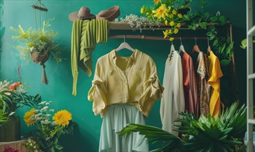 Vintage styled clothing and hats on display with decorative plants AI generated