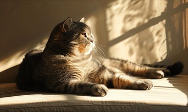 A cat rests in sunlight with interesting shadow play across the scene AI generated