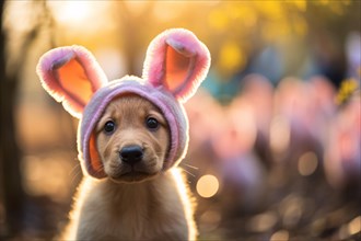 Cute young dog with pink Easter bunny costume hat. KI generiert, generiert AI generated