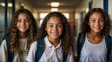 Twins with curly hair smiling with backpacks in a school hallway, wide horizontal aspect ratio, AI