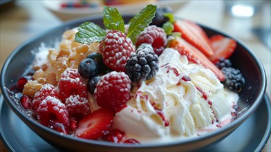 Dessert bowl with fresh mixed berries, whipped cream, and a sprig of mint, ai generated, AI