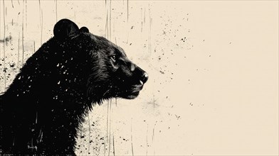 Side profile of a bear with grunge texture on a cream background in monochrome, ai generated, AI