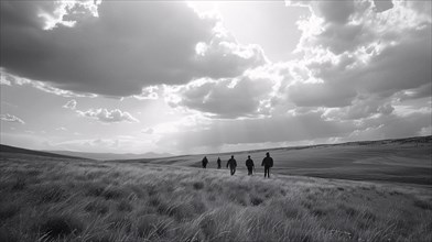 Silhouettes of people walking through a field under a dramatic cloudy sky, AI generated
