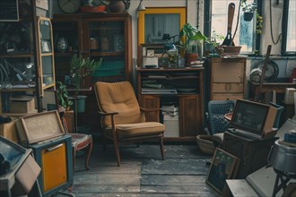 A cozy, cluttered vintage room with retro furniture and plants, AI generated
