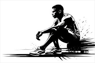 Human athlete sitting in starting blocks track and field, black and white illustration, AI