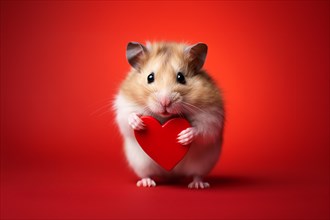 Cute pet hamster holding small red heart in front of red studio background. KI generiert, generiert