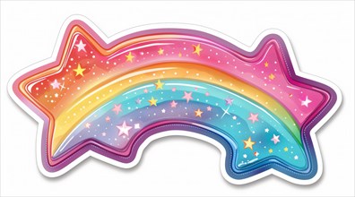 Vibrant sticker of a stylized shooting star with a rainbow trail and glittering stars, ai