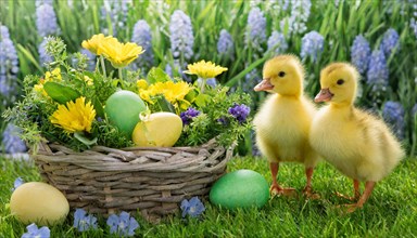 Ai generated, An Easter basket with coloured eggs in a meadow with colourful flowers, two goslings