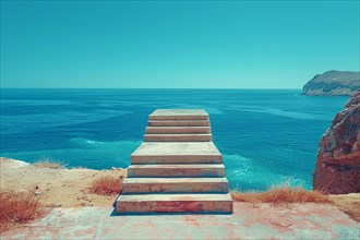 Wooden stairway leading towards a calm sea with clear sky, evoking tranquility and escape, AI