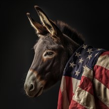 Profile view of a donkey, the political symbol for the Democrat Party, with an American flag