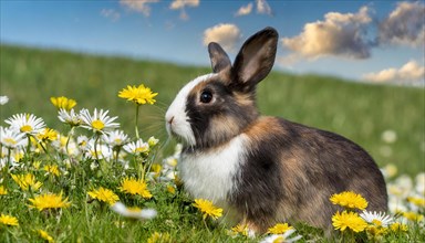 KI generated, A colourful dwarf rabbit in a meadow with white and yellow flowers, spring, side