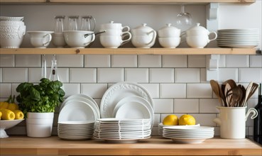 Neatly organized open kitchen shelves with white dishes, plants, and lemons AI generated