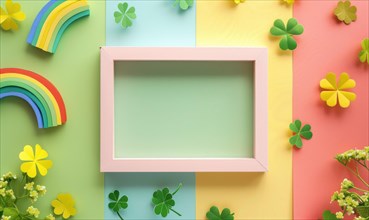 Paper art style with vibrant colors featuring a rainbow and clovers in a frame AI generated