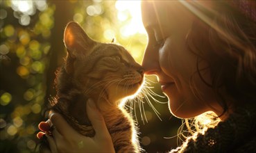 A blissful woman shares an affectionate gaze with her striped cat in sunlight AI generated