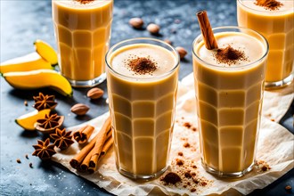 Creamy banana and almond milk smoothie in tall glass honey drizzle cascading, AI generated