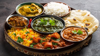 An assortment of traditional Indian dishes in a thali with rice and naan, ai generated, AI