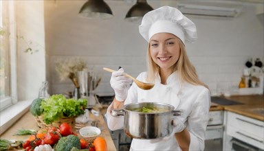 AI generated, An attractive blonde cook in the kitchen of a hotel tastes a vegetable soup