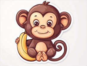 A cute cartoon monkey holding a banana, with a cheerful and friendly expression, ai generated, AI