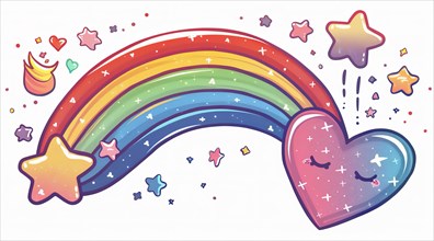 Cheerful cartoon of a rainbow with stars and a heart at each end, both adorned with cute faces, ai
