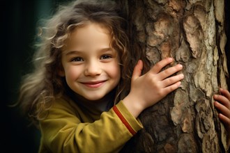 Young happy girl child hugging a tree in forest. KI generiert, generiert AI generated