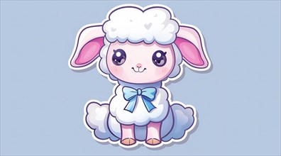 A white fluffy cartoon lamb sticker wearing a blue bow and shoes, ai generated, AI generated