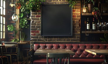 Inside a restaurant with an empty blackboard on a brick wall adorned with plants and wine bottles